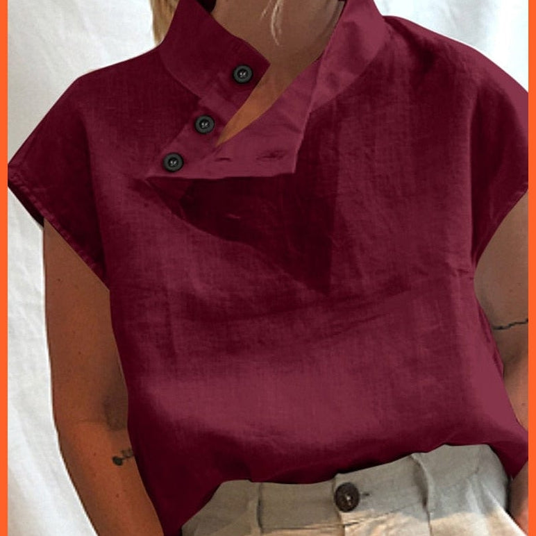 whatagift.com.au Wine Red / S / China Women Short Sleeve Cotton Linen Shirts