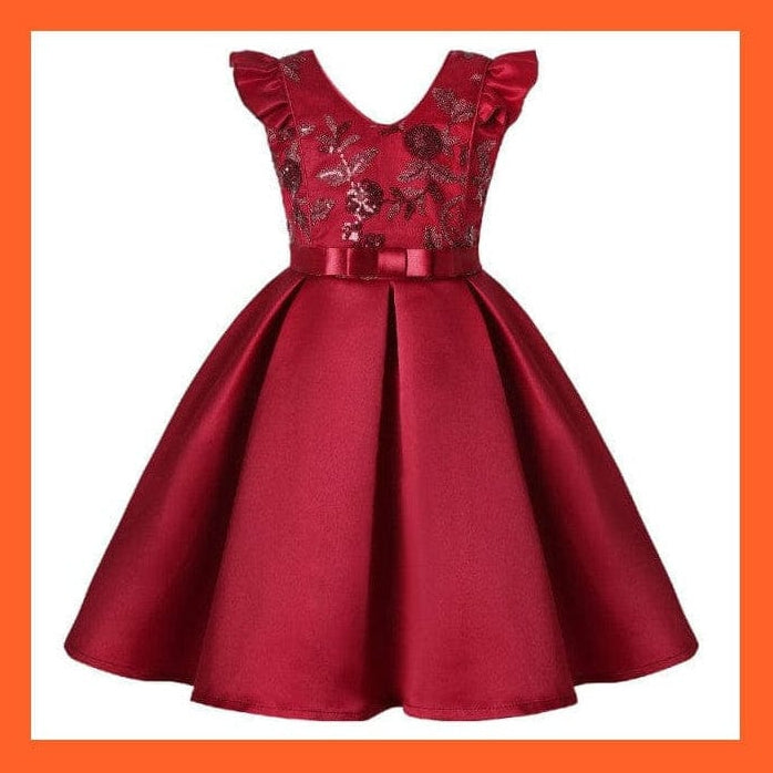 whatagift WineRed / 7-8y(size 140) Princess Party Girls Flower Sequins Dress