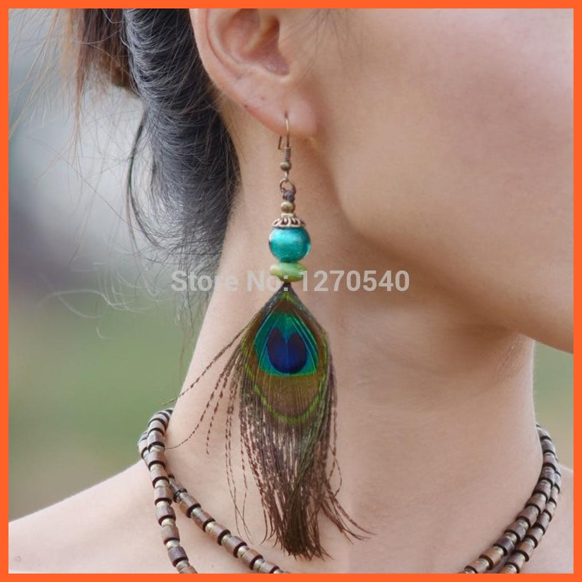 Women Ethnic Peacock Feather Earrings | Fashion Handmade Peacock Feather Vintage Bohemian Earrings | whatagift.com.au.