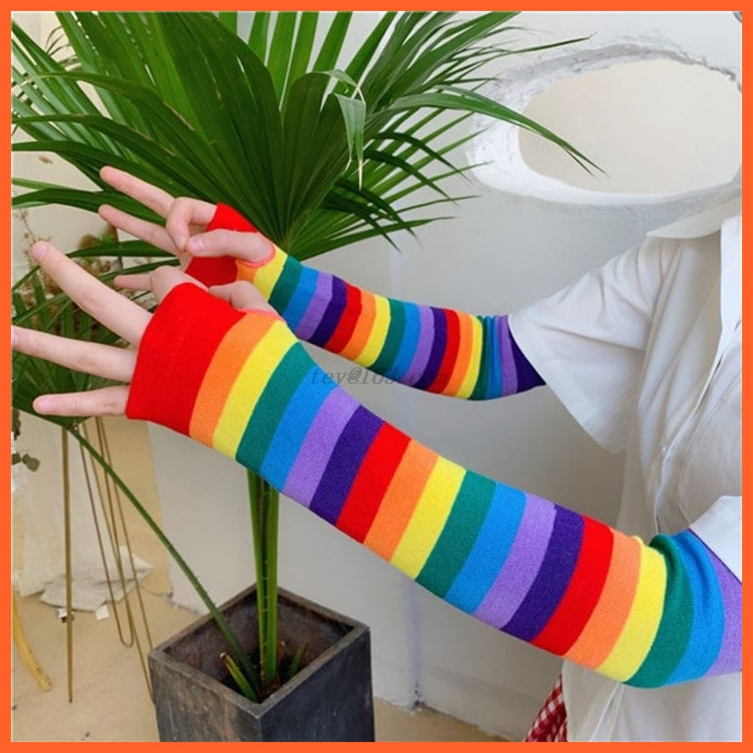 whatagift.com.au Women's Gloves Elbow Length Fingerless Gloves Arm Sleeve Warmer |  Rainbow Colored Striped Knitted Mittens