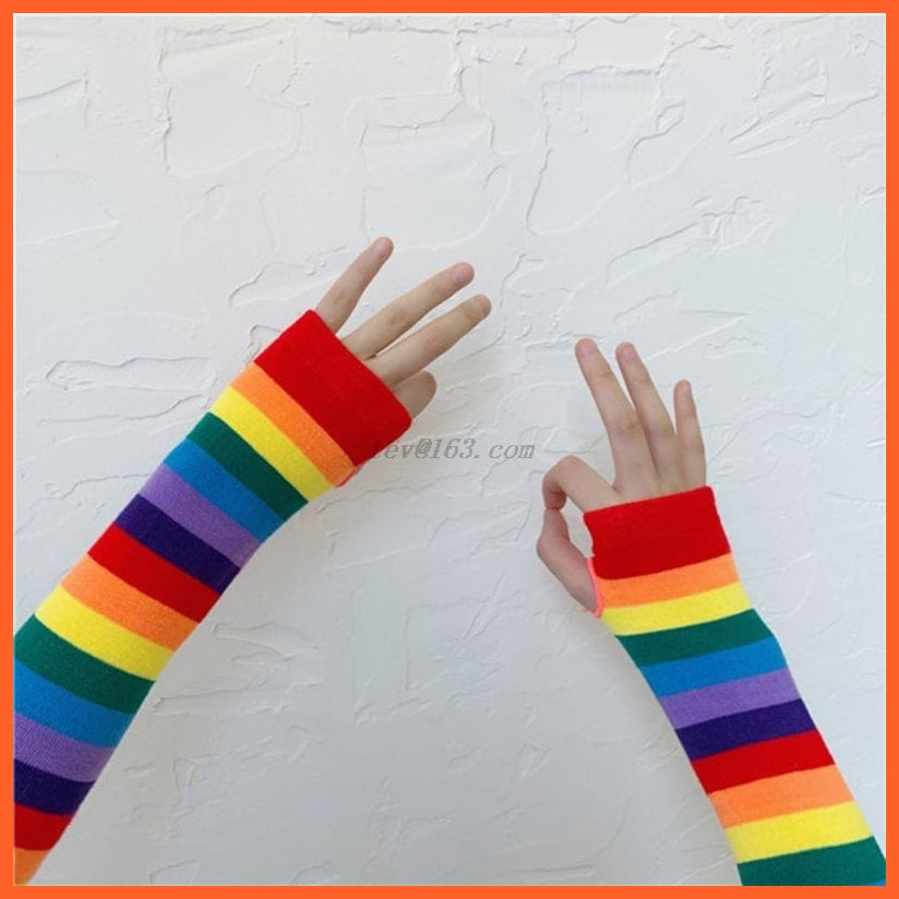 whatagift.com.au Women's Gloves Elbow Length Fingerless Gloves Arm Sleeve Warmer |  Rainbow Colored Striped Knitted Mittens