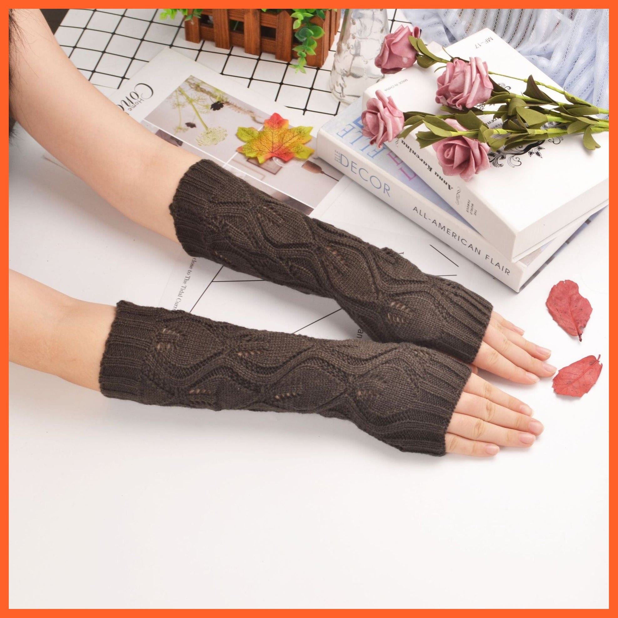 whatagift.com.au Women's Gloves leaf hollow-brown / One Size / China Long Fingerless Women‘s Winter Warmer | Knitted Arm Sleeve Gothic Gloves