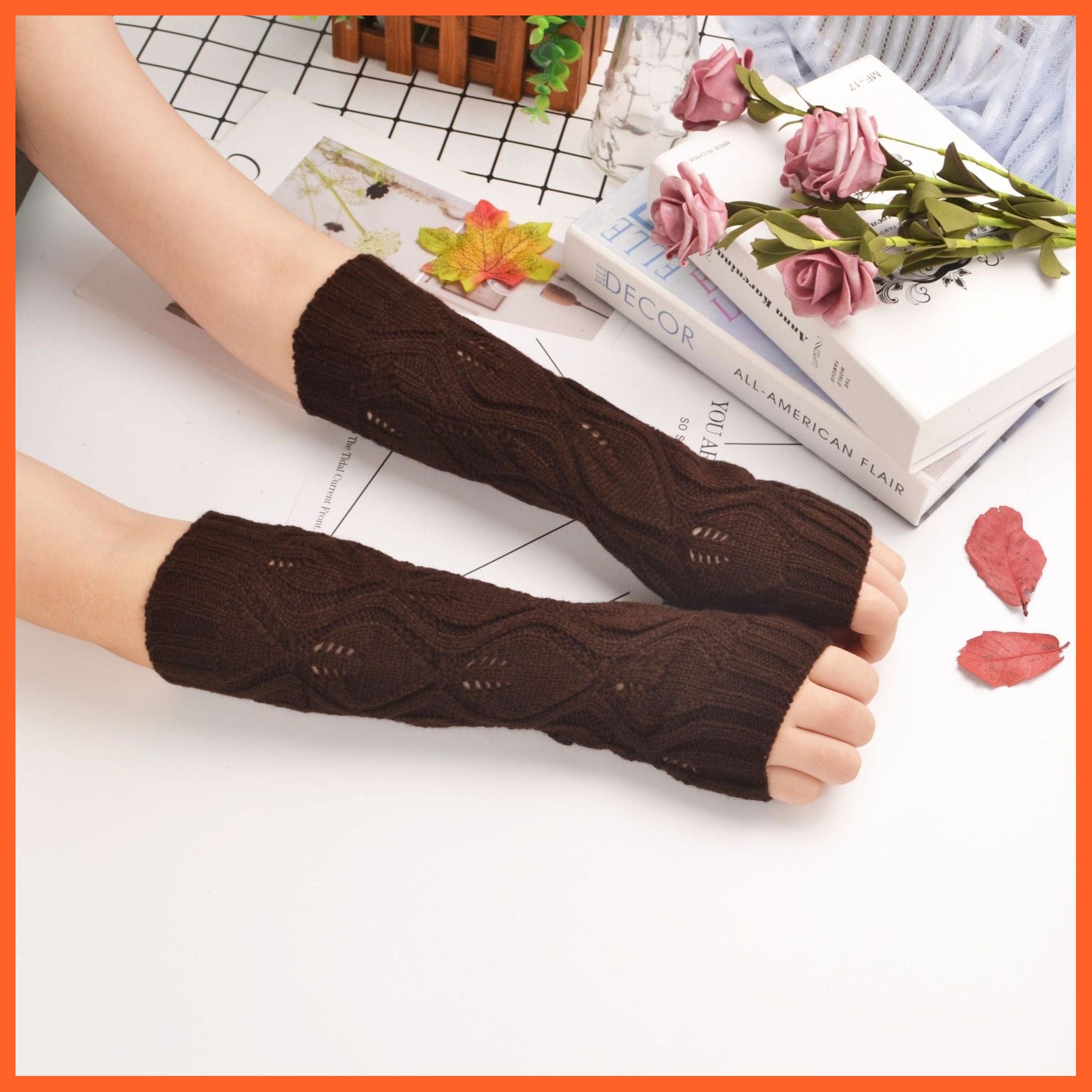 whatagift.com.au Women's Gloves leaf hollow-coffee / One Size / China Long Fingerless Women‘s Winter Warmer | Knitted Arm Sleeve Gothic Gloves