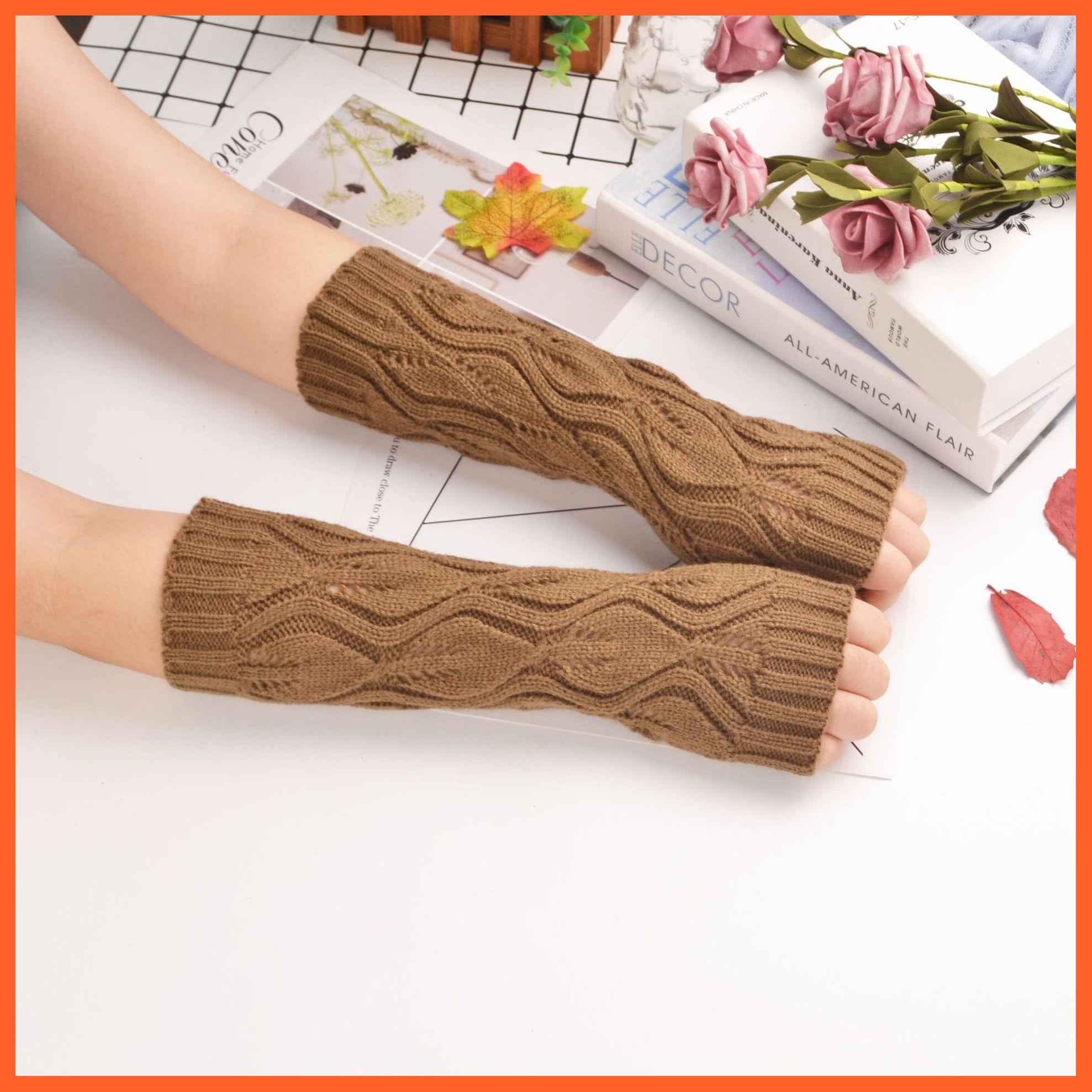 whatagift.com.au Women's Gloves leaf hollow-khaki / One Size / China Long Fingerless Women‘s Winter Warmer | Knitted Arm Sleeve Gothic Gloves