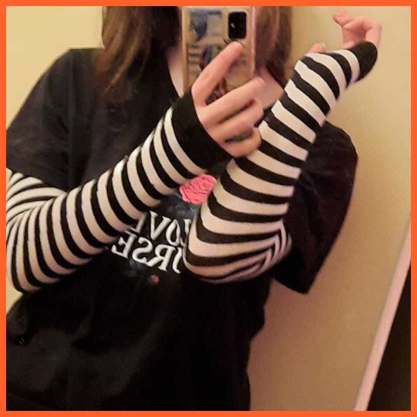 Women Fashion Striped Elbow Warmer Knitted Gloves | Long Fingerless Mittens | whatagift.com.au.