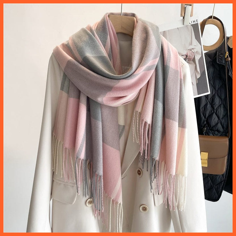 whatagift.com.au Women's Scarf WT60-2 Luxury Plaid Winter Warm Scarf Cashmere Long Pashmina | Female Tassel Shawl Wraps