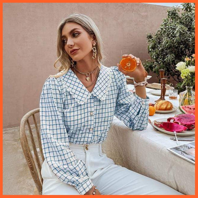 Simple Stylish Square Pattern Shirt | Women Casual V-Neck Brown Skinny Regular Sleeves Tops | whatagift.com.au.