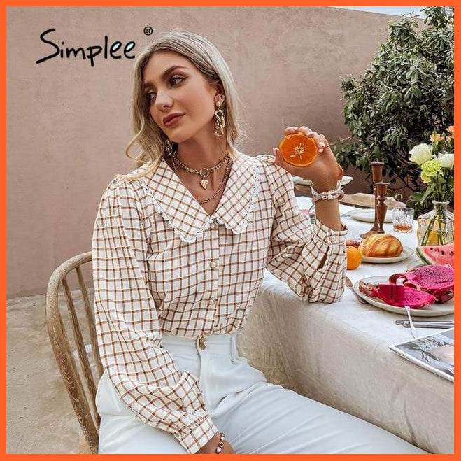 Simple Stylish Square Pattern Shirt | Women Casual V-Neck Brown Skinny Regular Sleeves Tops | whatagift.com.au.