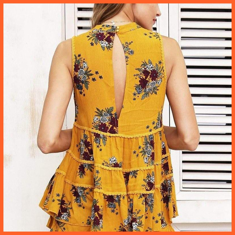 Simple Sexy Sleeveless Floral Print Ruffle Tank Tops | Choker V Neck Tiered Hem Blouse Shirt Casual Lace Summer Boho Camis | whatagift.com.au.