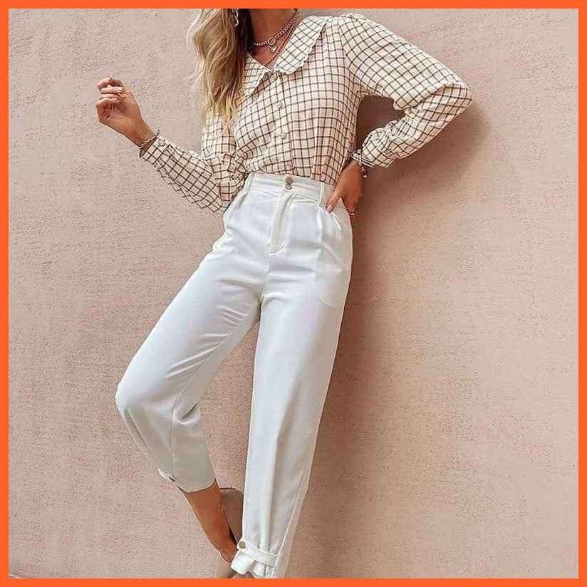 Simple Stylish Square Pattern Shirt | Women Casual V-Neck Brown Skinny Regular Sleeves Tops | whatagift.com.au.