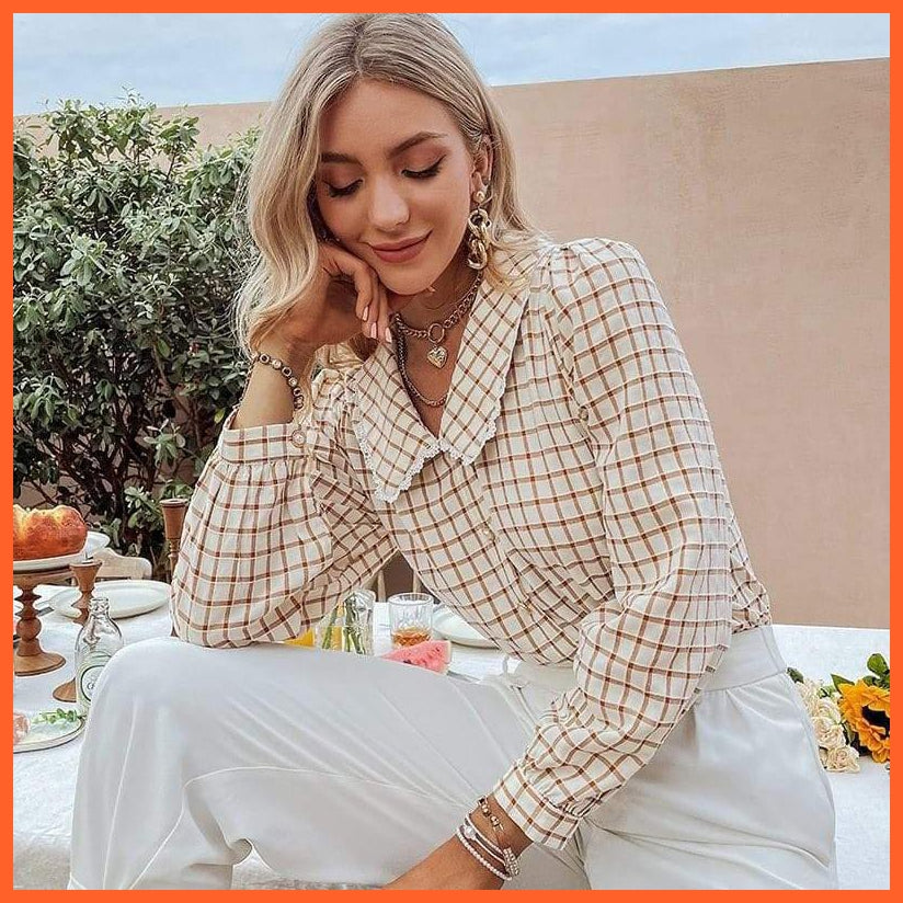 Simple Stylish Square Pattern Shirt | Women Casual V-Neck Brown Skinny Regular Sleeves Tops | whatagift.com.au.