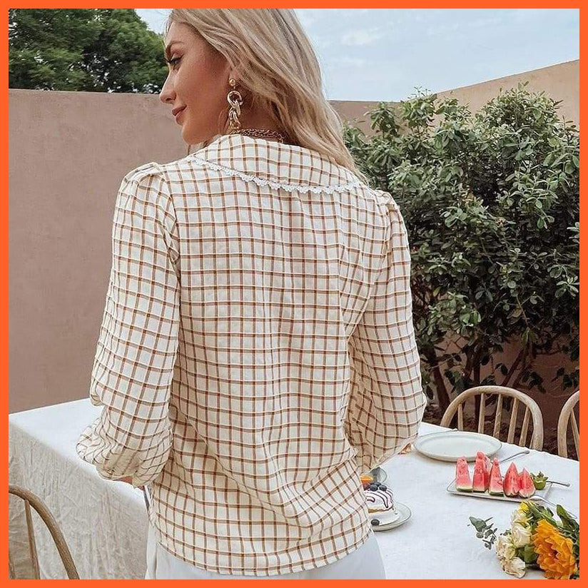 Simple Stylish Square Pattern Shirt | Women Casual V-Neck Brown Skinny Regular Sleeves Tops | whatagift.com.au.