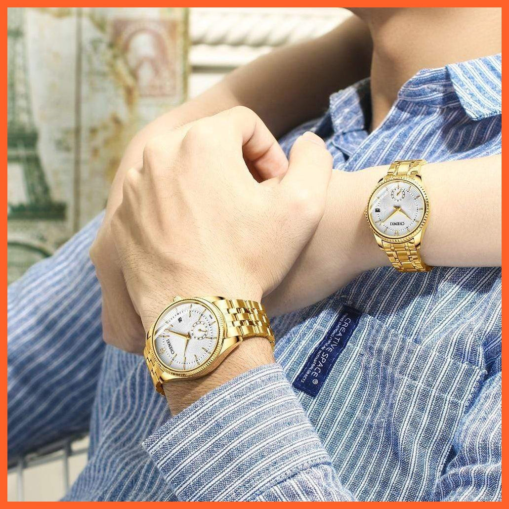 Luxury Branded Set Women Men Golden Fashion Sport Quartz Watches | Ladies Stainless Steel Business Casual Waterproof Watches | whatagift.com.au.