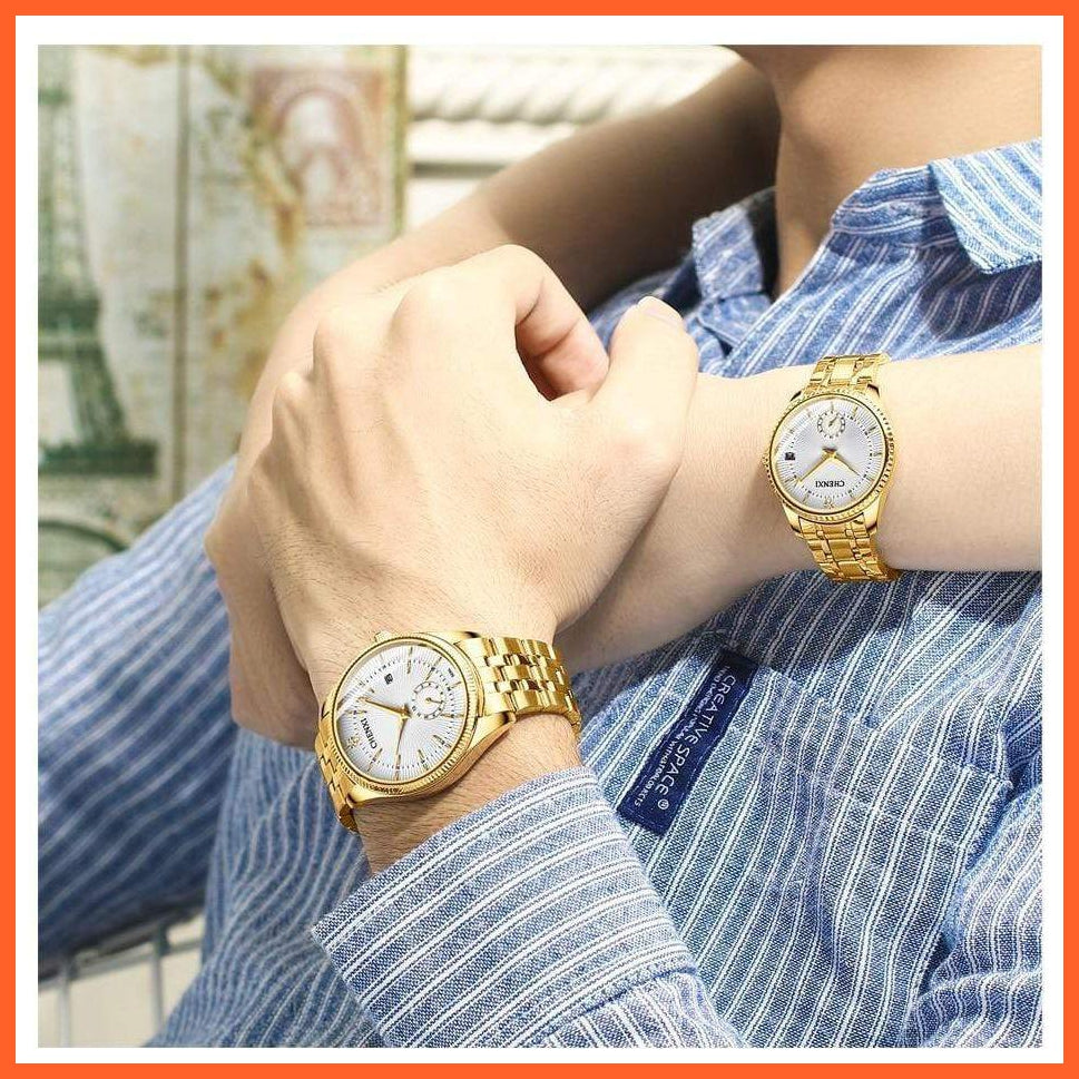 Luxury Branded Set Women Men Golden Fashion Sport Quartz Watches | Ladies Stainless Steel Business Casual Waterproof Watches | whatagift.com.au.