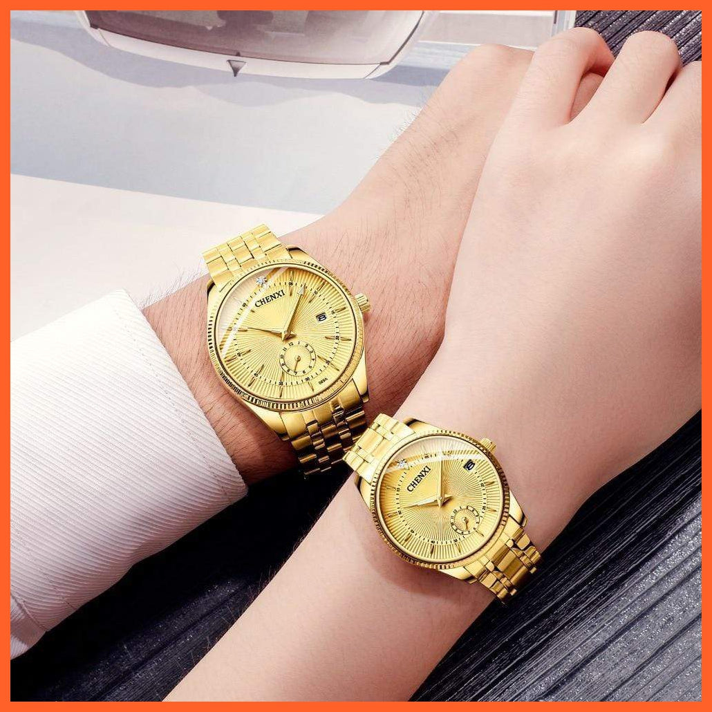 Luxury Branded Set Women Men Golden Fashion Sport Quartz Watches | Ladies Stainless Steel Business Casual Waterproof Watches | whatagift.com.au.