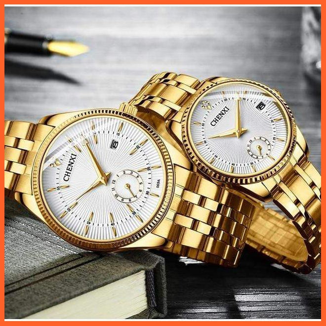 Luxury Branded Set Women Men Golden Fashion Sport Quartz Watches | Ladies Stainless Steel Business Casual Waterproof Watches | whatagift.com.au.