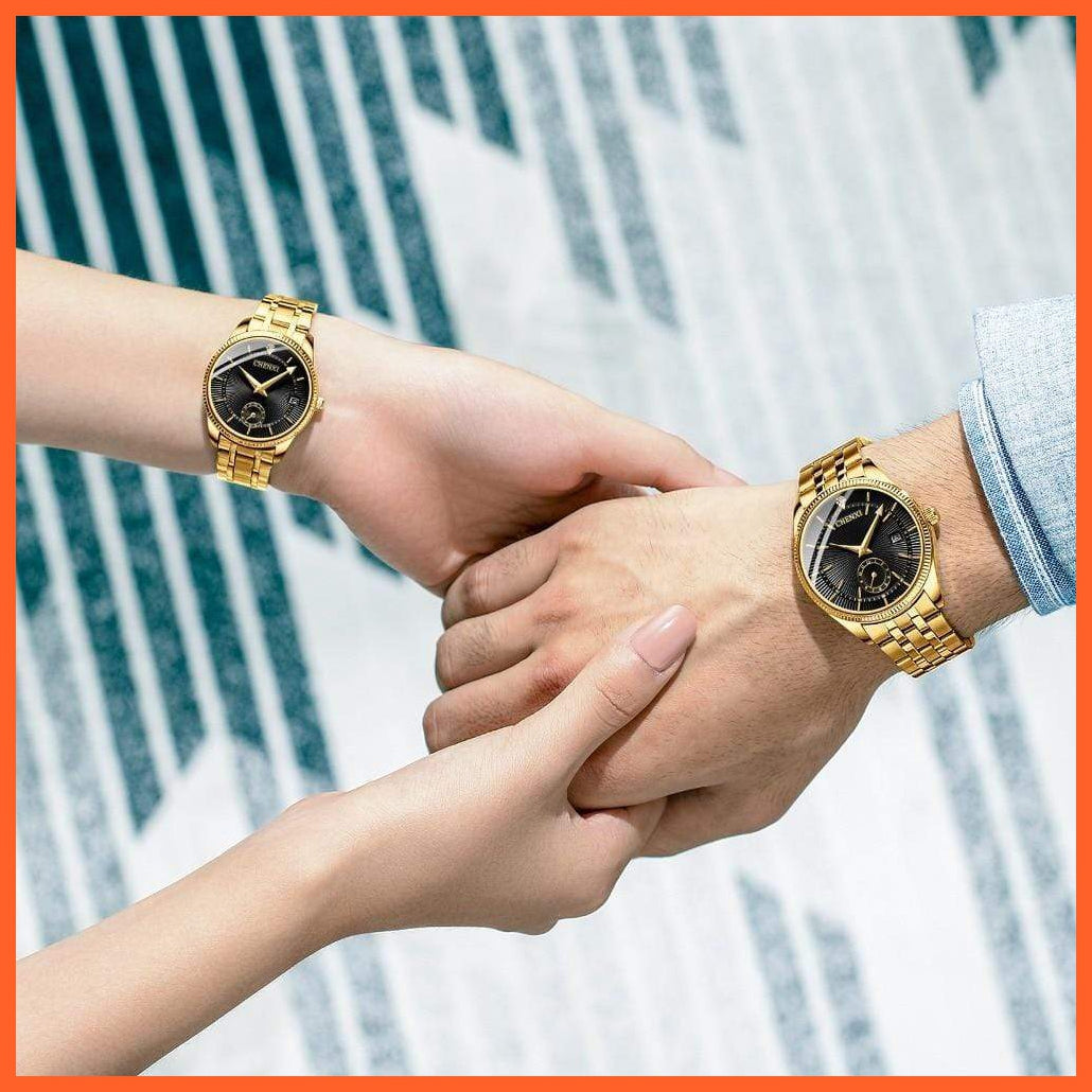 Luxury Branded Set Women Men Golden Fashion Sport Quartz Watches | Ladies Stainless Steel Business Casual Waterproof Watches | whatagift.com.au.