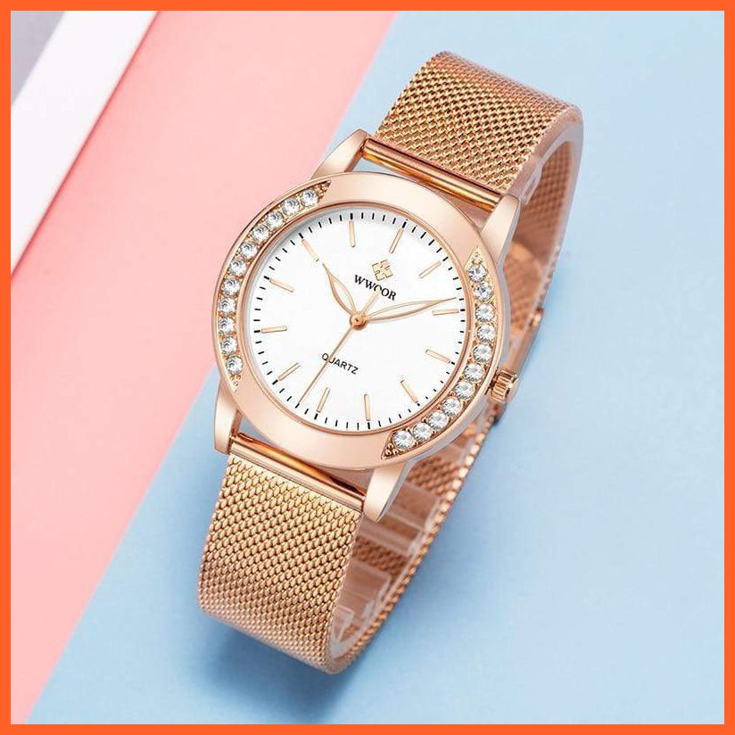 Luxury Diamond Ladies Watches Top Brand Fashion Women Quartz Wrist Watch Rose Gold Mesh Band Bracelet Watch For Women | whatagift.com.au.