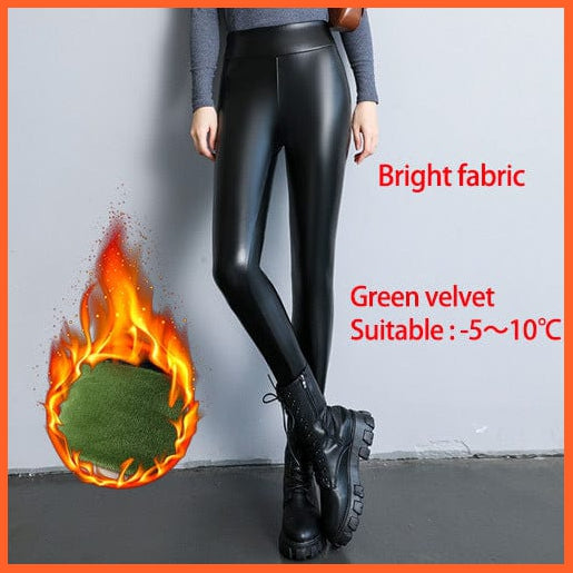 whatagift.com.au Womens leggings Bright-Green / XL Warm High Waisted Faux Pu Leather Shiny Winter Pants Velvet Slimming Leggings