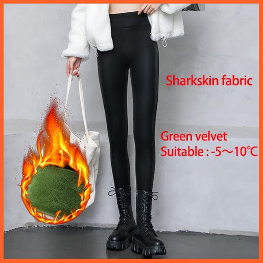 whatagift.com.au Womens leggings Sharkskin-Green / XL Warm High Waisted Faux Pu Leather Shiny Winter Pants Velvet Slimming Leggings