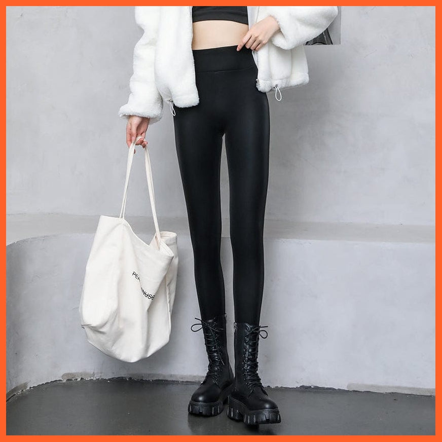 whatagift.com.au Womens leggings Warm High Waisted Faux Pu Leather Shiny Winter Pants Velvet Slimming Leggings