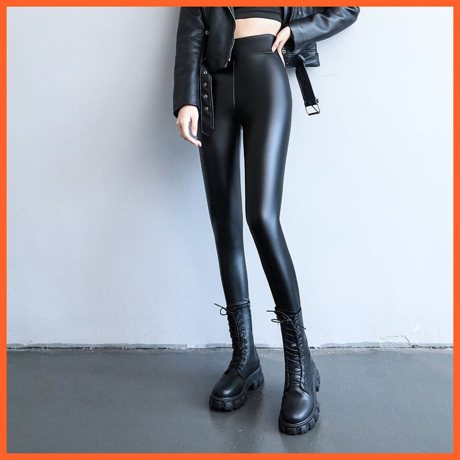 whatagift.com.au Womens leggings Warm High Waisted Faux Pu Leather Shiny Winter Pants Velvet Slimming Leggings