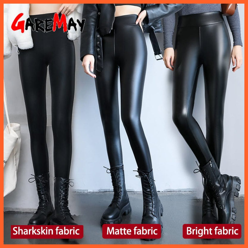 whatagift.com.au Womens leggings Warm High Waisted Faux Pu Leather Shiny Winter Pants Velvet Slimming Leggings