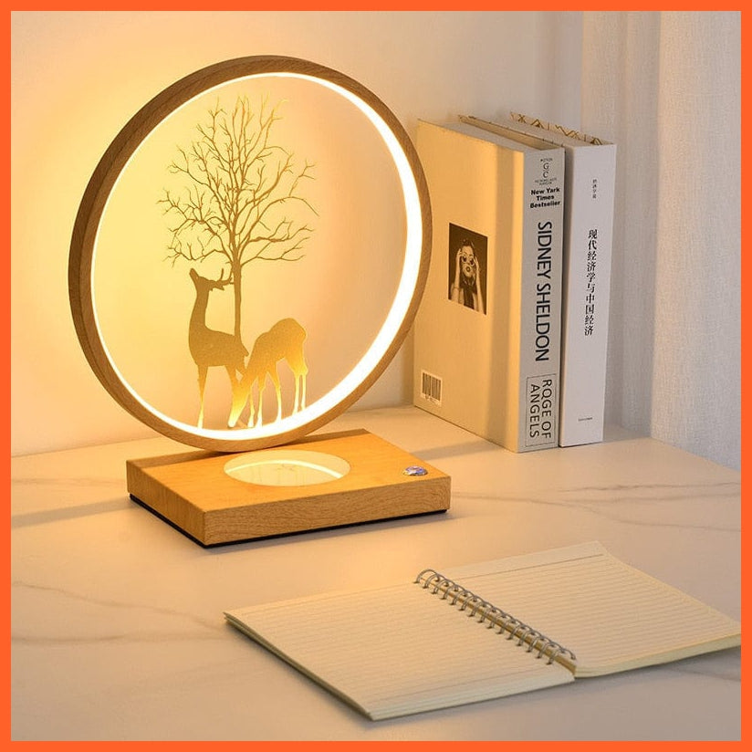 whatagift.com.au Wooden-Gold Deer / Wireless Charger Round Shaped Bedside Lamps | 18W Wireless Charger Led Table Lamp | Touch Dimming Night Light For Home Decor