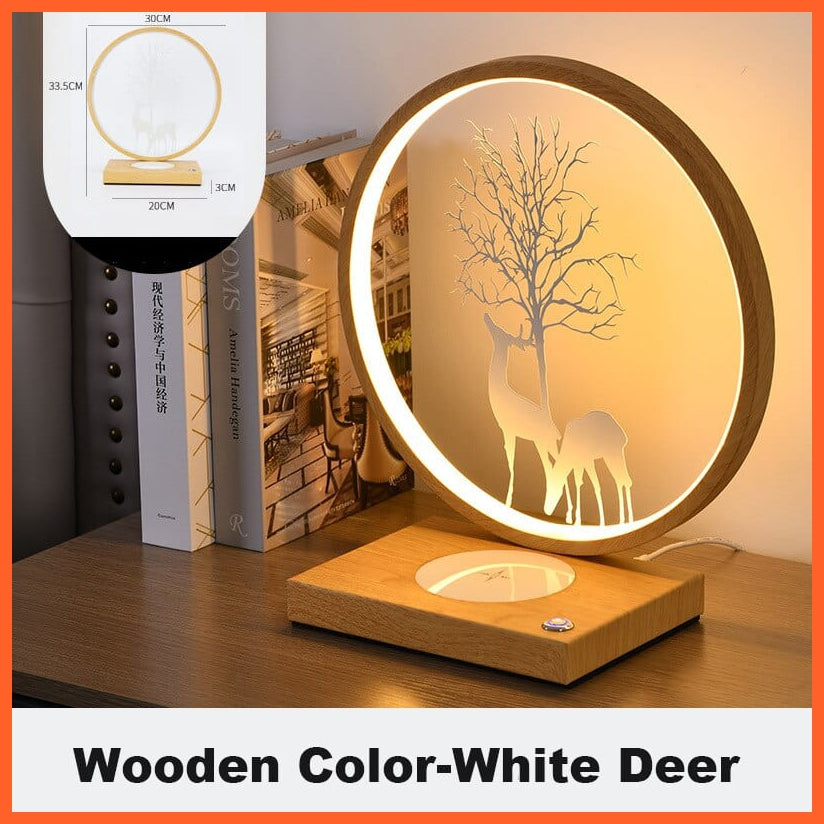 whatagift.com.au Wooden-White Deer / Wireless Charger Round Shaped Bedside Lamps | 18W Wireless Charger Led Table Lamp | Touch Dimming Night Light For Home Decor