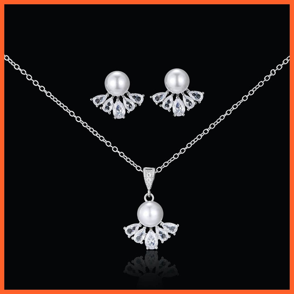 whatagift.com.au WS026 White / 45cm(17.8inch) CZ Zirconia Simulated Pearl Earrings Pendant Necklace Sets For Women
