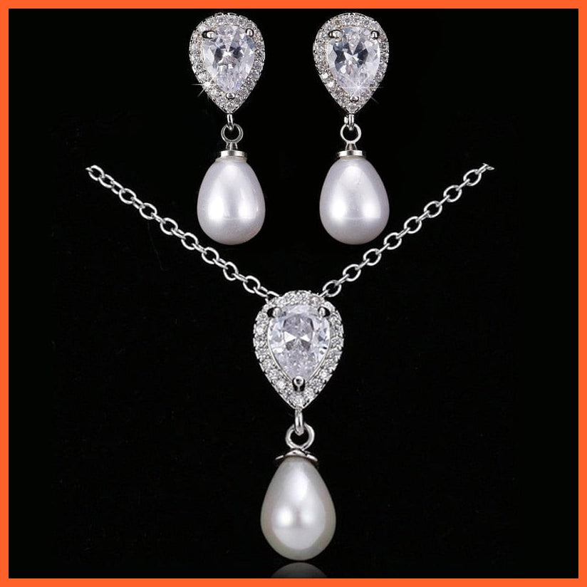 whatagift.com.au WS226 White / 45cm(17.8inch) CZ Zirconia Simulated Pearl Earrings Pendant Necklace Sets For Women