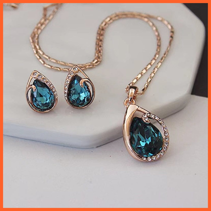 whatagift.com.au X1247-gold / China / 45cm Blue Green Water Drop Crystal Earrings Necklace Set For Women