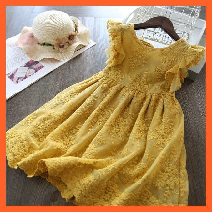 whatagift.com.au Yellow 2 / 3T Princess Embroidery Flower Lace Dress  Girl