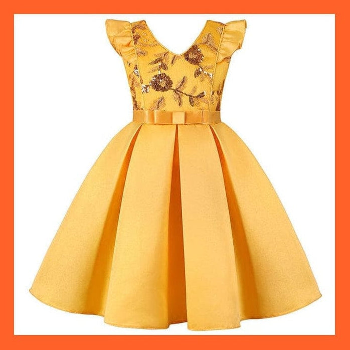 whatagift Yellow / 4-5y(size 120) Princess Party Girls Flower Sequins Dress