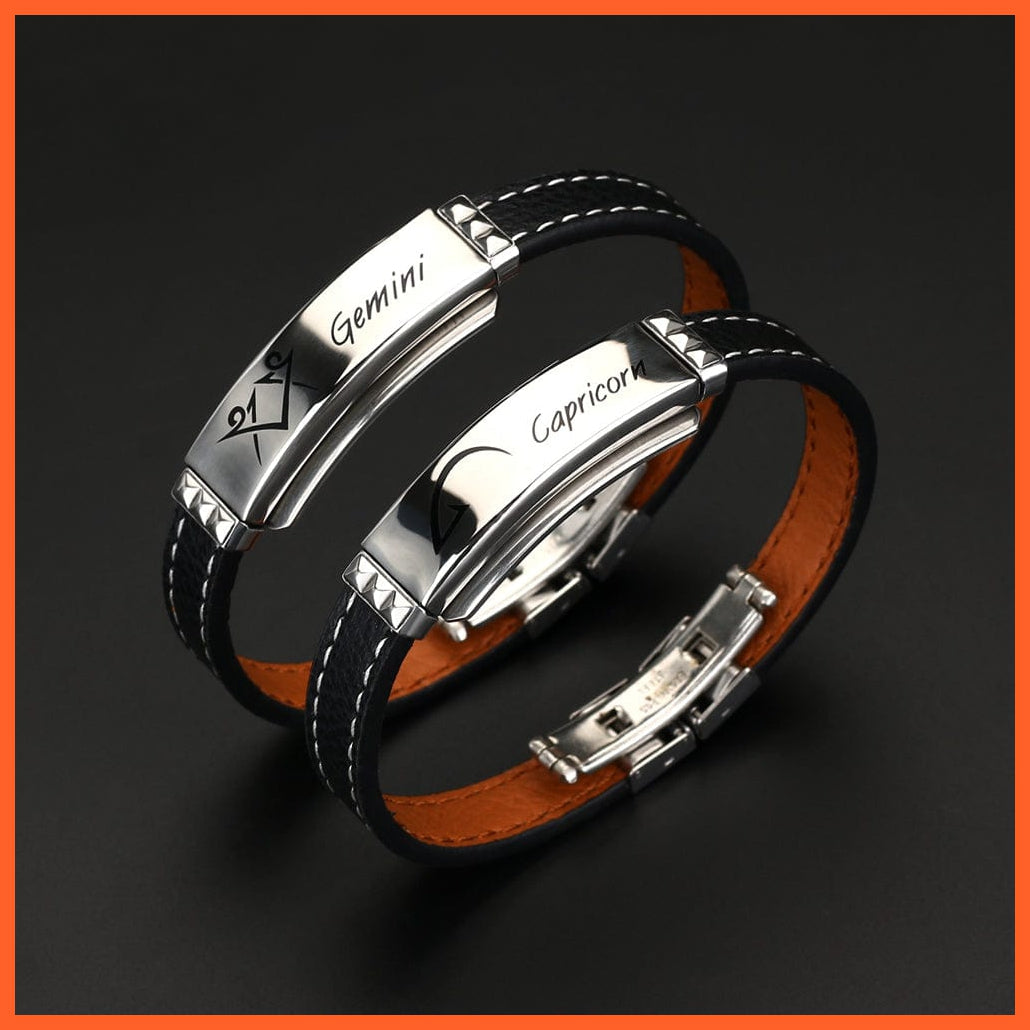 whatagift.com.au zodiac jewellery 12 Constellations Cuff Bracelet | Black Leather Stainless Steel Bracelet For Men
