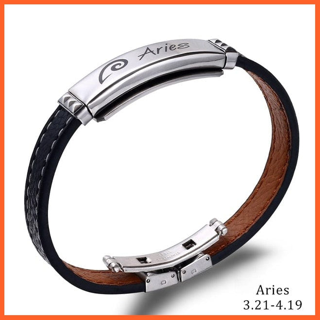 whatagift.com.au zodiac jewellery Aries / 21cm 12 Constellations Cuff Bracelet | Black Leather Stainless Steel Bracelet For Men