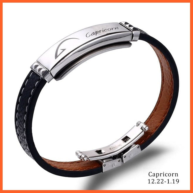 whatagift.com.au zodiac jewellery capricorn / 21cm 12 Constellations Cuff Bracelet | Black Leather Stainless Steel Bracelet For Men