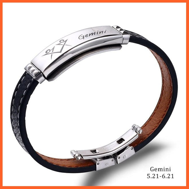 whatagift.com.au zodiac jewellery Gemini / China / 21cm 12 Constellations Cuff Bracelet | Black Leather Stainless Steel Bracelet For Men