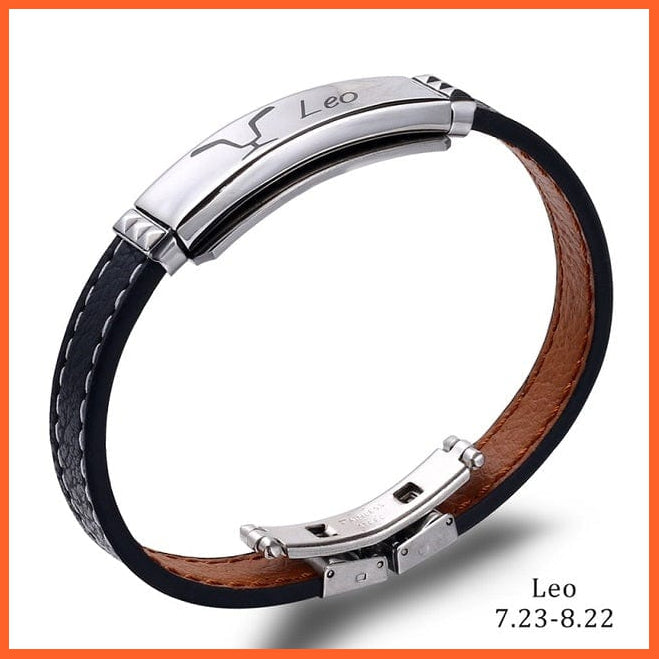 whatagift.com.au zodiac jewellery Leo / China / 21cm 12 Constellations Cuff Bracelet | Black Leather Stainless Steel Bracelet For Men