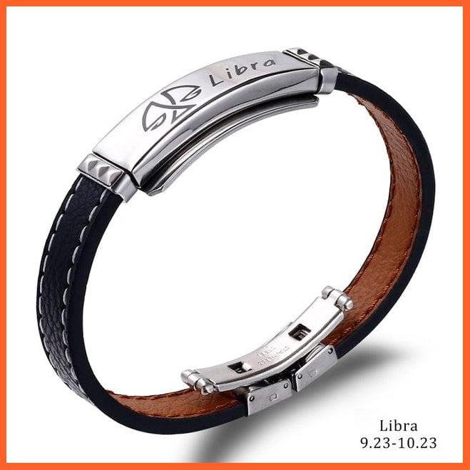 whatagift.com.au zodiac jewellery libra / China / 21cm 12 Constellations Cuff Bracelet | Black Leather Stainless Steel Bracelet For Men