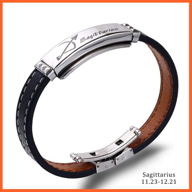 whatagift.com.au zodiac jewellery Sagittarius / 21cm 12 Constellations Cuff Bracelet | Black Leather Stainless Steel Bracelet For Men