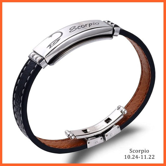 whatagift.com.au zodiac jewellery Scorpio / China / 21cm 12 Constellations Cuff Bracelet | Black Leather Stainless Steel Bracelet For Men