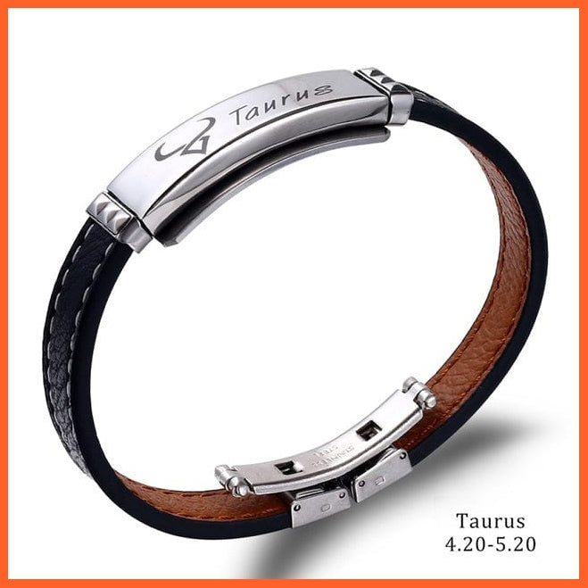 whatagift.com.au zodiac jewellery taurus / 21cm 12 Constellations Cuff Bracelet | Black Leather Stainless Steel Bracelet For Men
