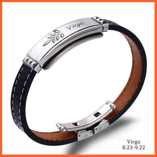 whatagift.com.au zodiac jewellery virgo / 21cm 12 Constellations Cuff Bracelet | Black Leather Stainless Steel Bracelet For Men
